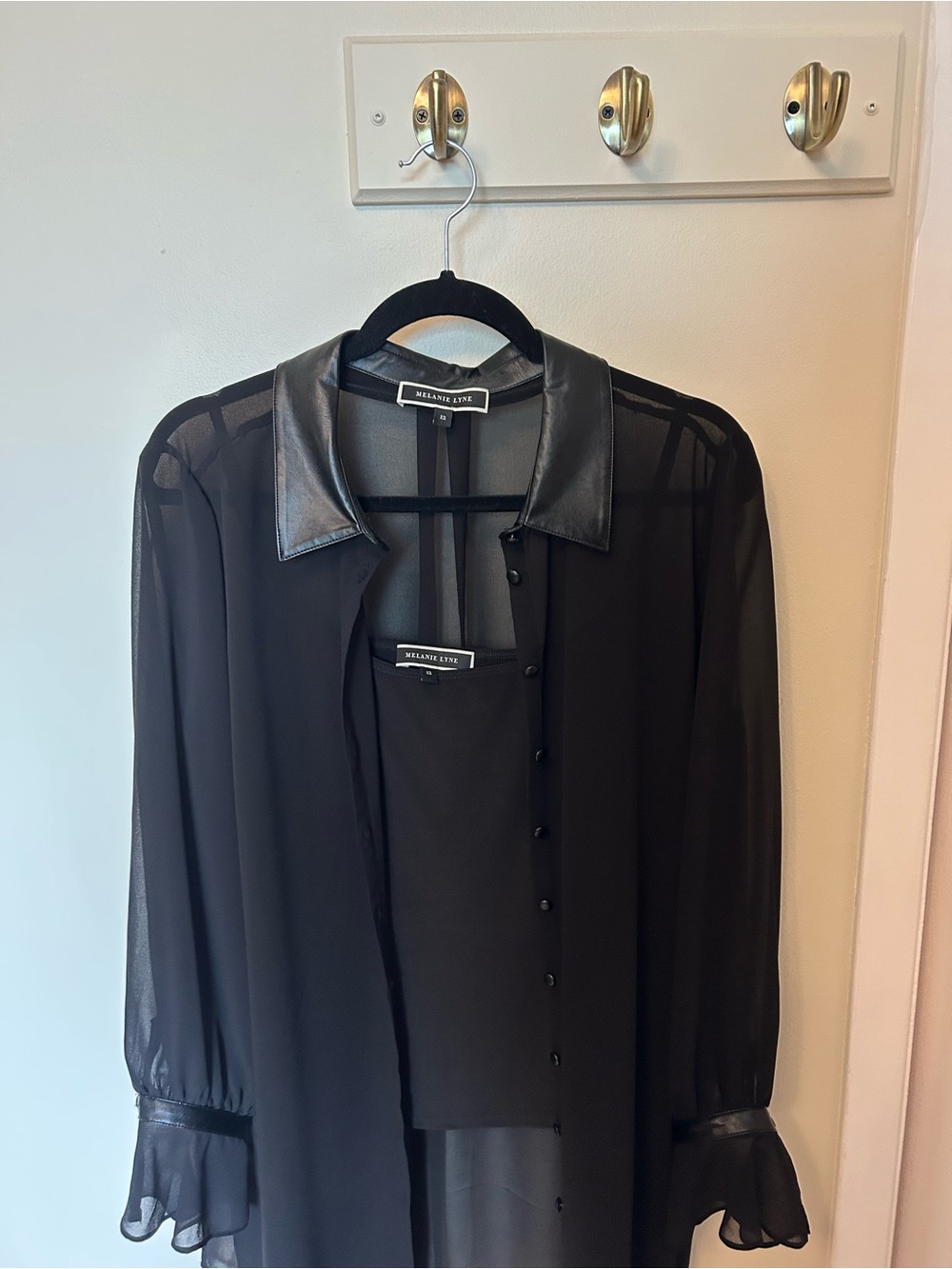 Melanie Lyne Sheer Black Blouse with Faux Leather Collar and camisole - Picture 3 of 5